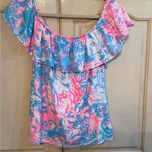 Lilly Pulitzer Pink and Blue Ruffled Sleeveless Blouse